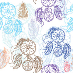 Dreamcatcher and feathers seamless pattern