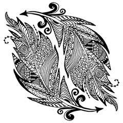 Ornamental hand drawn sketch of feathers in zentangle style. vector illustration with ornament, isolated