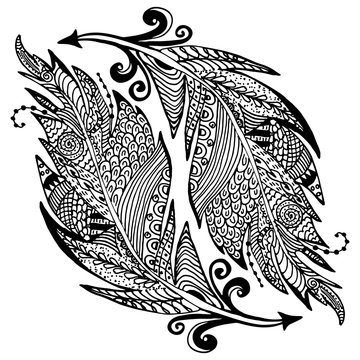 Ornamental hand drawn sketch of feathers in zentangle style. vector illustration with ornament, isolated