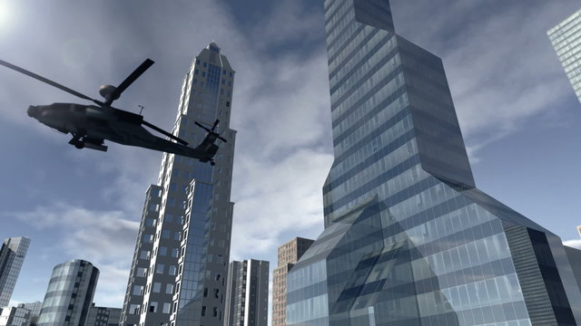 Animated modern city with a helicopter