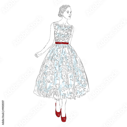 Girl In A Vintage Dress Retro Style Hand Drawing Vector Red Shoes And Girl In A Vintage Dress Retro Style Hand Drawing Vector Red Shoes And