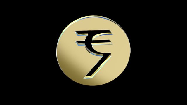 golden of the Indian rupee currency symbol money rotates on a black background