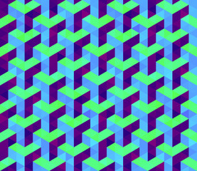 Fototapeta na wymiar Vector Seamless Isometric Hexagonal Cube Pattern in Blue Lime and Purple