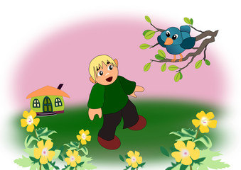 Funny boy and Bird
