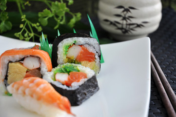 close up various sushi on plate