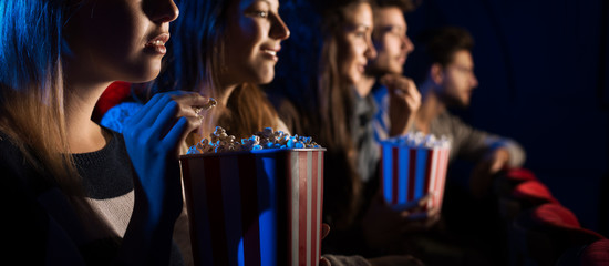 Group of friends in the movie theater - obrazy, fototapety, plakaty