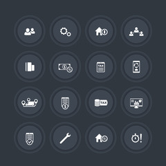 finance, costs, tax round dark icons, vector illustration