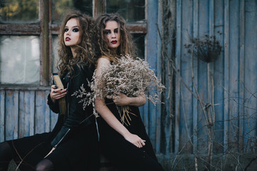 Two vintage witches gathered eve of Halloween