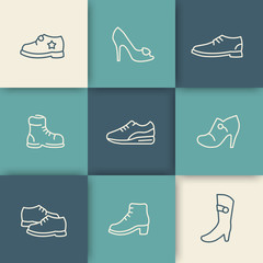 Shoes, heels, women shoes, boots, trainers, child shoes linear icons set, vector illustration