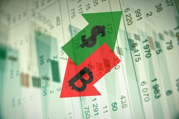 Naklejka premium Financial concept. Trading software window on PC screen, close-up. Arrows indicated, foreign exchange market activity.