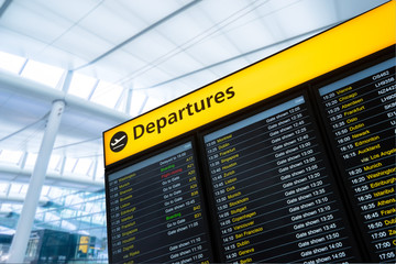 Flight information, arrival, departure at the airport, London, E - obrazy, fototapety, plakaty