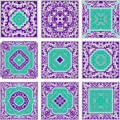 Obraz premium Set of nine rectangular oriental patterns in violet and turquoise color scheme