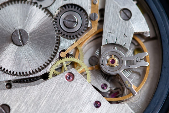 Retro clock mechanism with gears.  Macro view wristwatch.