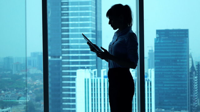 Young businesswoman using tablet computer standing by window in office
