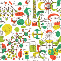 Back to School: science lab objects doodle vintage style sketches seamless pattern, vector illustration.