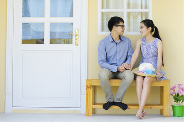 Portrait of young Asian couple in outdoor
