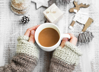 Obraz na płótnie Canvas Chocolate Mug on Christmas Time, Hands Holding Hot Cocoa Cup