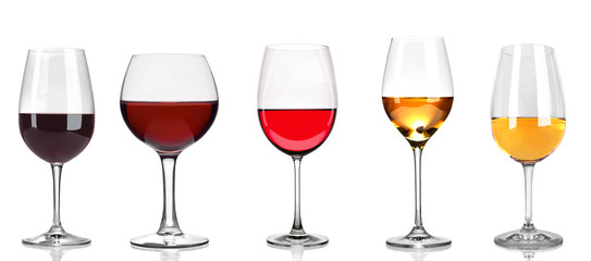 Set of white, rose, and red wine glasses, isolated on white