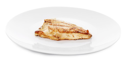 Test roasted fish fillet on plate isolated on white