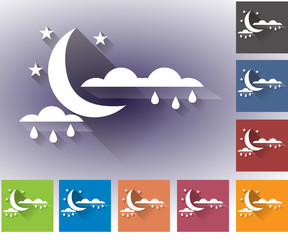 Weather set of icons in a flat style. Rain. Moon with clouds and rain drops. Multicolored icons for weather forecasting.