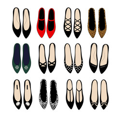 Fashion shoes set illustration. Varied fashion shoes design collection. Stylish vector illustration. Trendy fashion shoes. Set of 12 pairs of shoes. Choose your favorite.