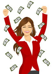 woman happy seeing raining money bills