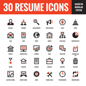 30 resume creative vector icons based on modular system. Set of 30 business concept vector icons for resume, presentation, website and other design and business project. Design elements.