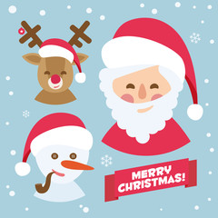 Santa Claus, reindeer and snowman. blue merry christmas vectorized card