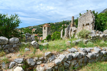 Fototapeta na wymiar Ruins of church of St. Catherine and Clock tower, Bar, Montenegro