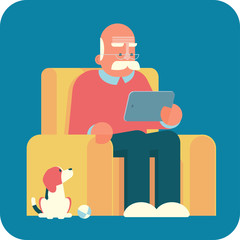 Cartoon old man sitting in armchair and using a tablet pc. The dog is looking at him.