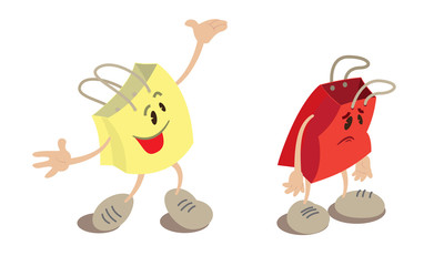 A couple of shopping bag mascots. The red one is sad, the yellow one is cheerful.