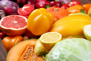 Bright close-up background of fruit and vegetables