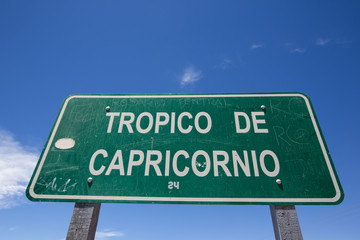 Tropic of Capricorn sign against a clear blue sky