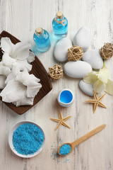 Spa set on wooden table closeup