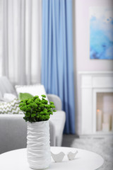 Beautiful green chrysanthemums in vase on table in room