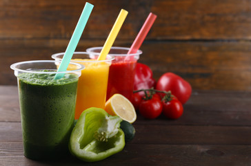 Fresh juice mix fruit, healthy drinks on wooden background