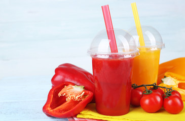 Fresh juice mix fruit and vegetables, healthy drinks on wooden table background