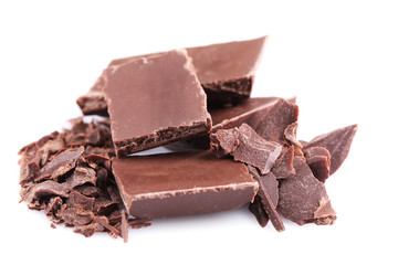 Dark chocolate pieces isolated on white