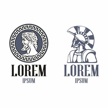 Ancient Greece philosopher head and Spartan warrior in the traditional helmet on his head . Illustration For Emblem, Logo, icon in vintage style.