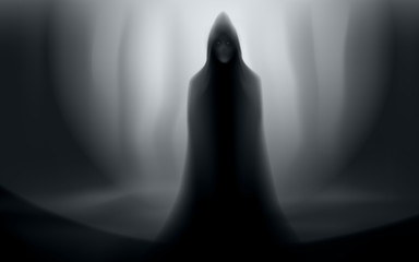 spooky man in cloak halloween forest scene editable vector - obrazy, fototapety, plakaty