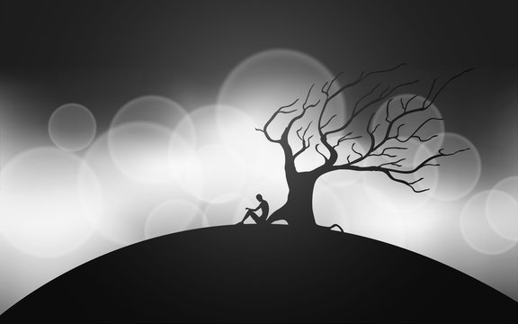 man meditating next to a tree silhouettes vector