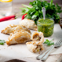 Empanadas with meat and green chili sauce. Traditional mexican dish.