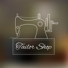 Tailoring logo, badge, emblem or design element thin line style vector. Vintage sewing machine on blurred background.