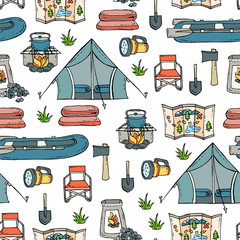 Pattern with symbols of tourism and camping - 94603326