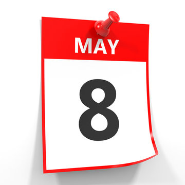 8 may calendar sheet with red pin.