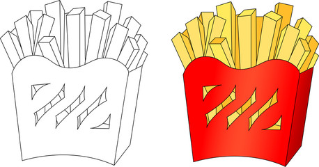 French fries in a box. Coloring book for kids about food