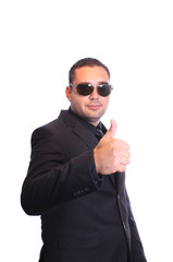 Man in black with thumb up