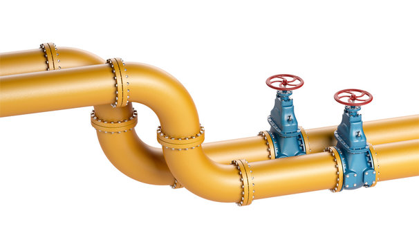 High resolution 3D yellow Industrial pipeline with blue valves on white background
