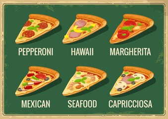 Slices of pizza. Pepperoni, Hawaiian, Margherita, Mexican, Seafood, Capricciosa. Isolated vector retro vintage illustration for poster, menus, icons web design info graphic.