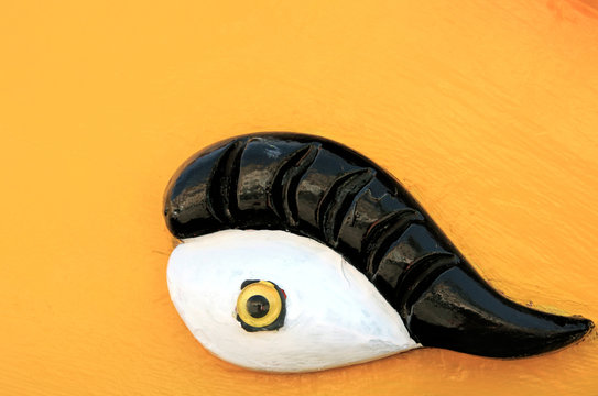 Extreme close-up details of a painted eye on a traditional malteze fishing boat, luzzu.